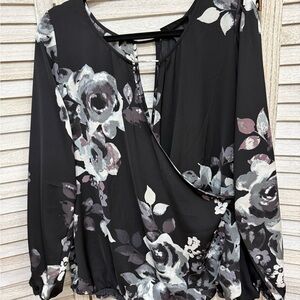 Lane Bryant Black and Gray Floral Blouse